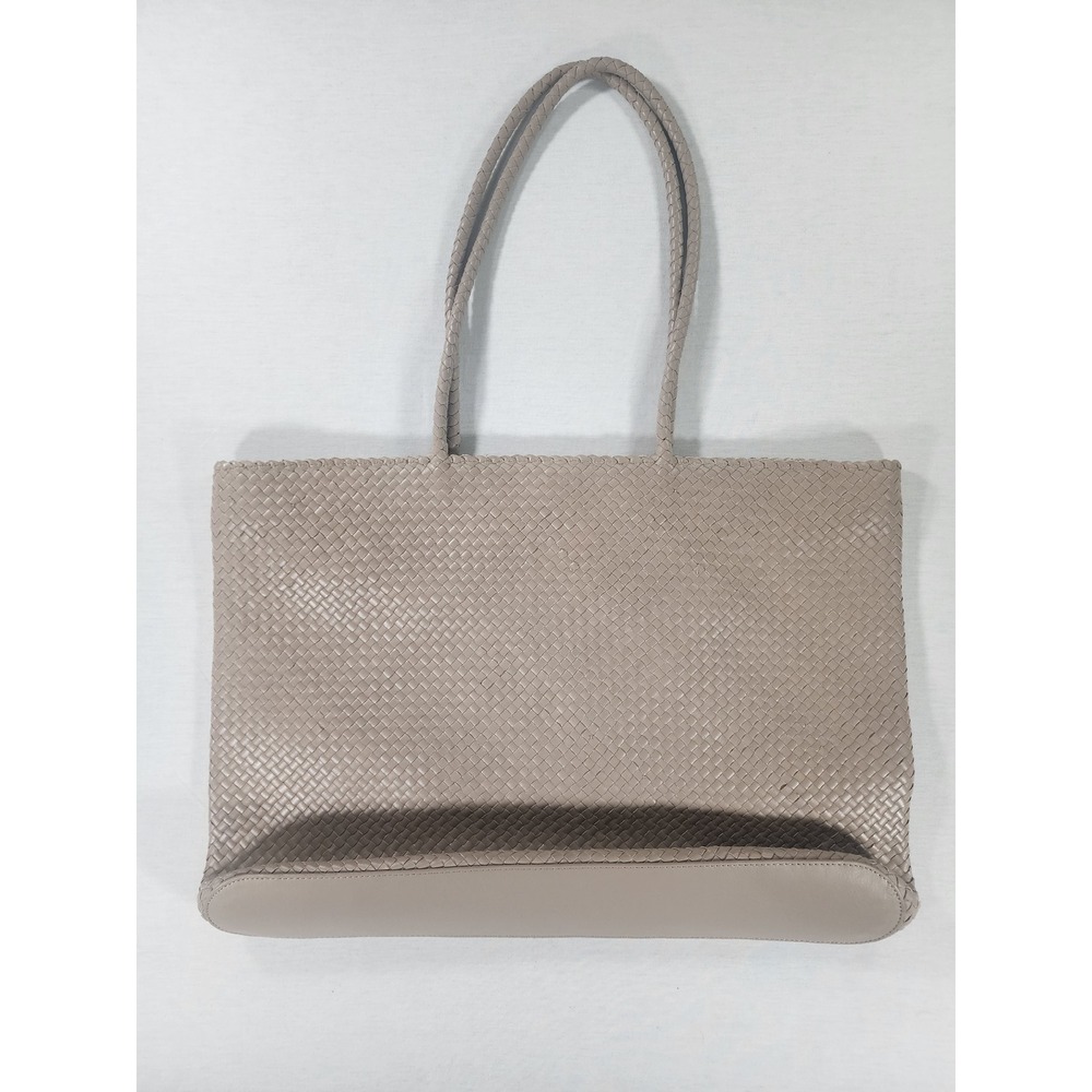 Quince Italian Leather Handwoven Tote Bag Womens Large Taupe Neutral Handbag - Picture 5 of 10